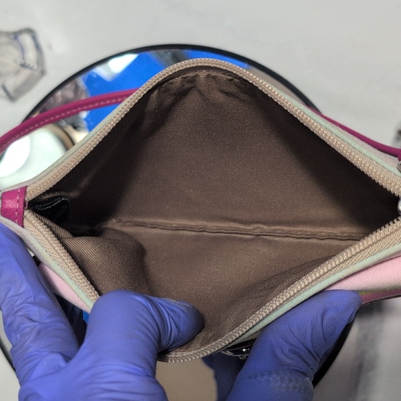 Coach Soho Pastel Striped Wristlet W/ Pink leather Piping, Wristlet, Front Snap - Picture 14 of 16